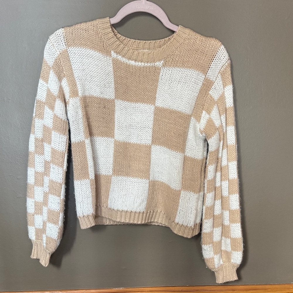 Checkered Tan and White Women's Sweater sz XS